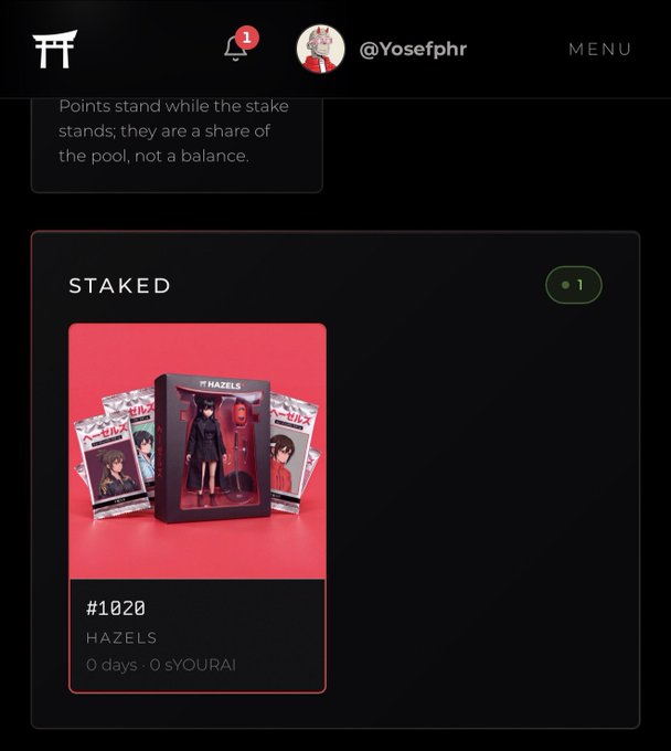 A user profile page (@Yosefphr) showing a staked NFT card numbered #1020 from the HAZELS collection by sYOURAI, with 0 days of staking indicated.