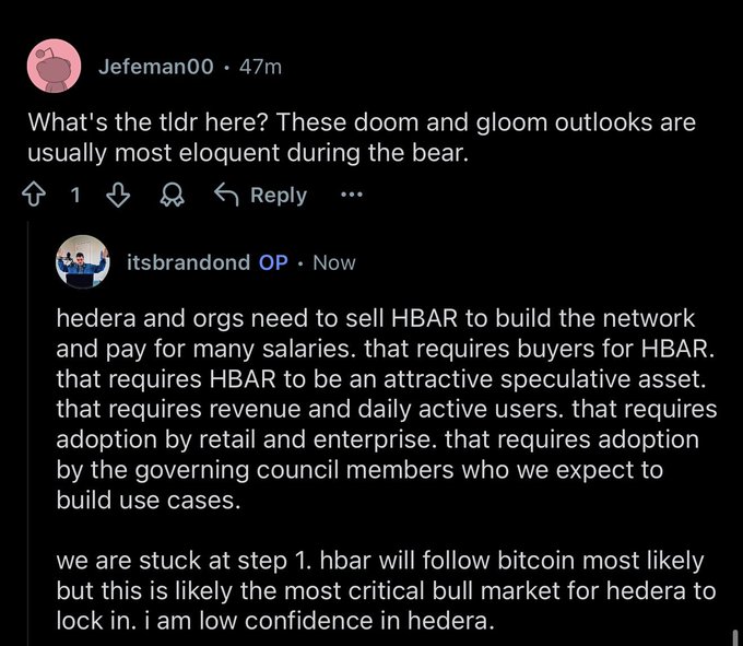 A Reddit comment thread on r/hedera where user itsbrandonop argues that Hedera needs HBAR demand to succeed through council adoption and use cases, expressing low confidence, while user Jefeman00 dismisses the bearish outlook as typical bear market sentiment. The captions capture the core tension between bearish skepticism about HBAR's speculative appeal and the OP's defensive stance from the Hedera subreddit trenches.