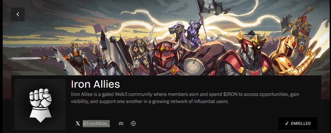 A webpage or app screen titled 'Iron Allies,' a gated Web3 community described as a network for SIRON, with medieval warrior artwork and an 'ENROLLED' button.