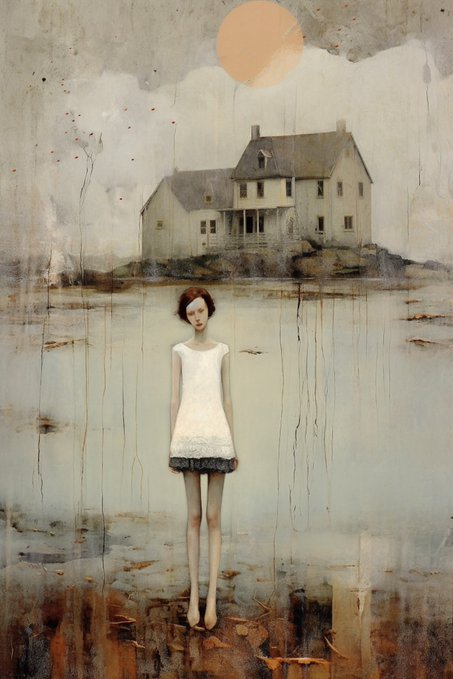 A melancholic painting of a blindfolded girl in a white dress standing in front of a body of water, with a large house on a rocky island in the background and a pale orange sun in the sky.