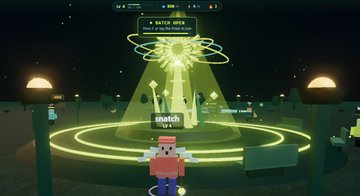 A voxel figure labeled "smatch" stands before a glowing green batch auction tower marked "BATCH OPEN," with the text "Tap to enter pending trades" visible—capturing Superluminal World's nighttime scene where players explore a softly lit voxel town to learn the DFBA batch engine alongside glow lamps and open fields.