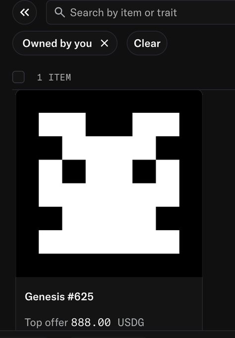 A mobile app screen showing a CryptoPunk NFT (Genesis #625) listed with a top offer of 888.00 USDG, filtered by 'Owned by you'.
