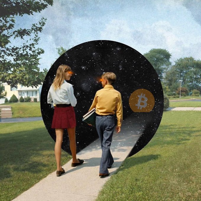 Two children walk toward a cosmic portal on a suburban sidewalk, with a Bitcoin logo floating nearby.