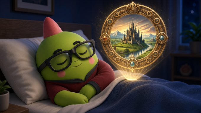A 3D-rendered illustration of a green character wearing glasses sleeping in a bed, with a magical golden portal/mirror floating beside them showing a fantasy castle landscape.