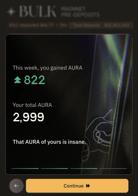 The image displays a BULK Mainnet pre-deposits screen showing the user gained 822 AURA this week, bringing their total to 2,999 AURA. The accompanying post expresses anxiety about whether this near-3,000 AURA balance will be enough to qualify for Bulk Trade's special features, with humor about ragequitting if there's a 3K cutoff.