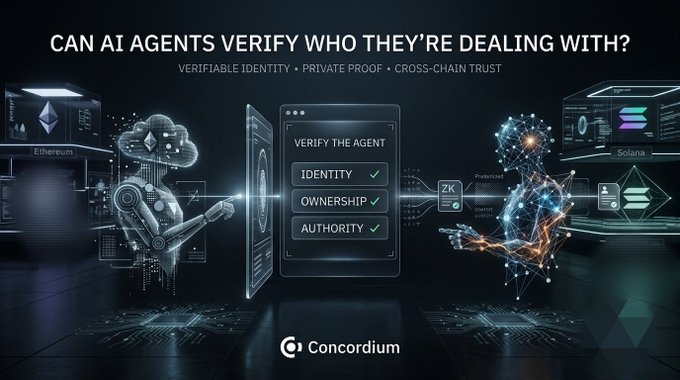 A digital graphic with the headline 'CAN AI AGENTS VERIFY WHO THEY'RE DEALING WITH?' featuring robotic figures representing Ethereum and Solana, with text including 'VERIFIABLE IDENTITY · PRIVATE PROOF · CROSS-CHAIN TRUST' and 'Concordium' branding.