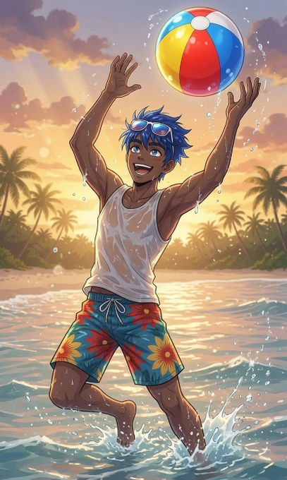 The image features a man wearing colorful shorts and holding a beach ball while standing in water at the beach. The scene captures a moment of fun and relaxation, with the man enjoying his time by the ocean. The photo does not contain any text or other objects that are relevant to the provided prompt.