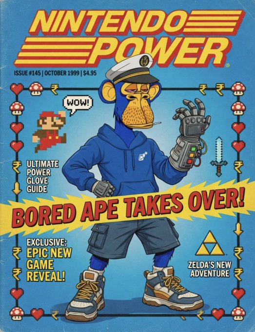 A parody magazine cover titled 'NINTENDO POWER' (Issue #145, October 1999) featuring an AI-generated Bored Ape character wearing a blue hoodie, sailor hat, and a power glove, with headlines reading 'BORED APE TAKES OVER!,' 'ULTIMATE POWER GLOVE GUIDE,' 'EXCLUSIVE: EPIC NEW GAME REVEAL!,' and 'ZELDA'S NEW ADVENTURE.'