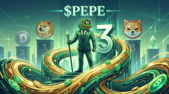 A cryptocurrency-themed graphic displaying $PEPE with a suited Pepe the Frog character standing on a podium holding a staff, flanked by Doge and Shiba Inu icons.