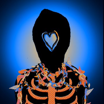 An artistic silhouette shows a hooded figure with a neon blue heart-shaped outline on its face and a glowing orange skeletal structure overlaid with colorful flowers against a blue background.