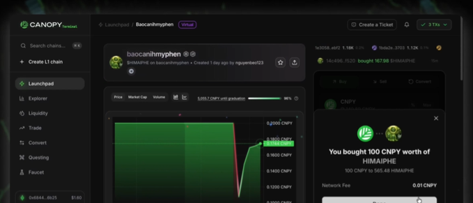 Screenshot of the Canopy.market interface showing a token launchpad for 'baocaimyphen' ($HIMAIPHE), featuring a price chart and a notification that 100 CNPY worth of HIMAIPHE was bought.
