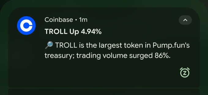 A Coinbase notification showing 'TROLL Up 4.94%' with the message: 'TROLL is the largest token in Pump.fun's treasury; trading volume surged 86%.'
