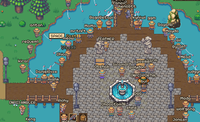 A screenshot from a pixel art multiplayer game showing numerous player characters with usernames (like TEATHER, SirmoYT, Chico, and DanielOxee) gathered on a dock and stone platform around a fountain.
