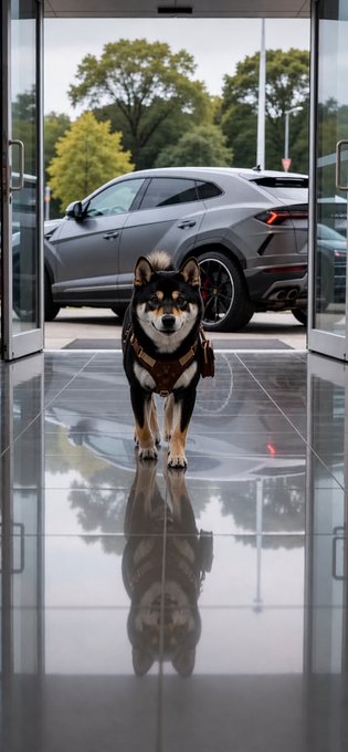 The image features a black and white dog standing inside an open door, looking at the camera with curiosity. Outside the door, there are two cars parked - one silver sports car and another black SUV. The silver car appears to be more eye-catching due to its color. In the background, there is a building that could possibly be a store or a residence.