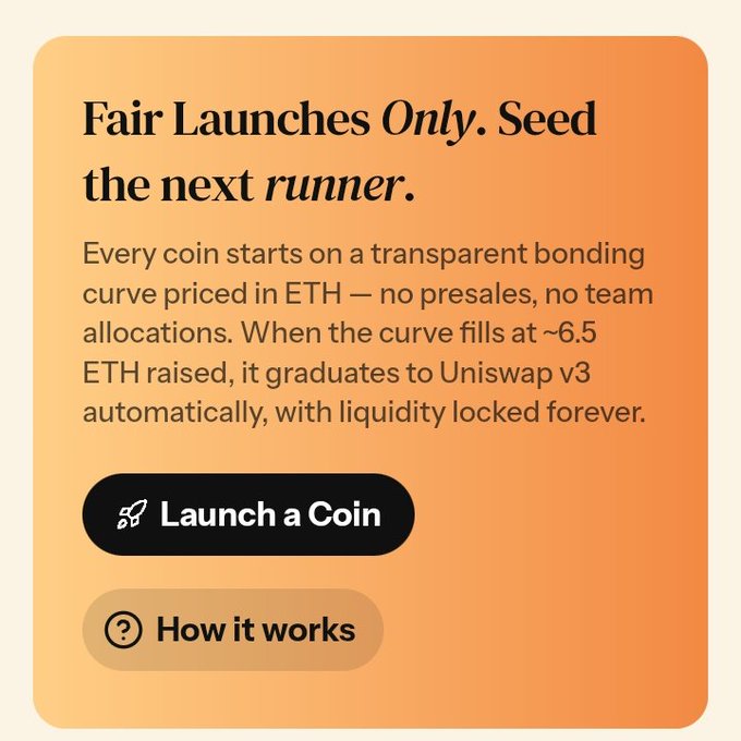 A marketing card for circus trade (@circusdottrade) featuring the headline "Fair Launches Only. Seed the next runner," explaining that every coin launches on a transparent ETH bonding curve with no presales or team allocations, graduating to Uniswap v3 at ~6.5 ETH raised with liquidity locked forever, alongside "Launch a Coin" and "How it works" buttons. The card visually reinforces the post's description of circus trade as a fair-launch, pump.fun-style launchpad on Robinhood Chain.