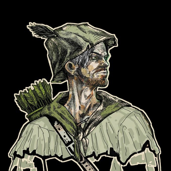 An illustrated portrait of a stoic archer wearing a feathered cap with a quiver of arrows slung over his shoulder, evoking the Robin Hood legend. The medieval aesthetic aligns with the giveaway promotion by SherwoodNFTs, whose name references the iconic forest outlaw.