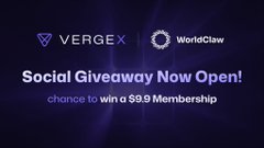 The image shows a purple background with white text that reads "Social Giveaway Now Open! Chance to win $9.9 Memberships!". The phrase "World claw" is also visible but is not part of the main text. The content of this image seems to be related to an AI Trading post, as evidenced by the comparison of Vertex and Worldclaw in the image description.