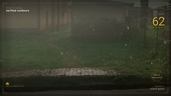 A dark, rainy view of a grassy backyard with overlaid game UI elements reading 'verified outdoors', 'DAY 62 LEGENDARY', 'TOP 1% GRASS TOUCHING', and 'CERTIFIED BY touch grass'.
