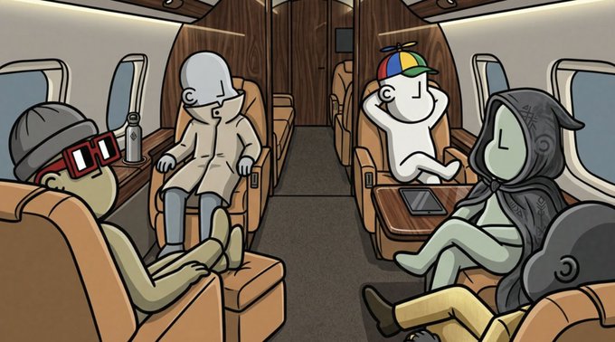 A cartoon illustration showing several stylized characters lounging in the plush seats of a private airplane cabin.