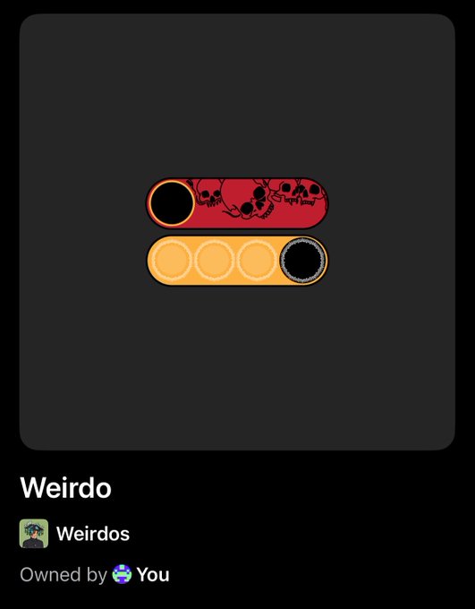 A digital collectible NFT titled 'Weirdo' from the 'Weirdos' collection, depicting two horizontal pill-shaped figures (one red with skulls and one orange) owned by the user.