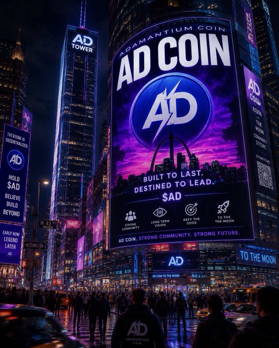 The image shows a busy city street at night with many people walking around, cars driving by, and tall buildings in the background. The scene also features an advertisement for AD Coin that includes a purple logo and text promoting the coin as a "built-to-last" investment opportunity.