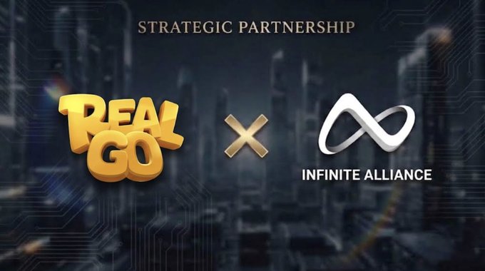 A promotional graphic announces a 'STRATEGIC PARTNERSHIP' between 'REAL GO' (in gold 3D text) and 'INFINITE ALLIANCE' (with a white infinity logo), set against a dark cityscape background.