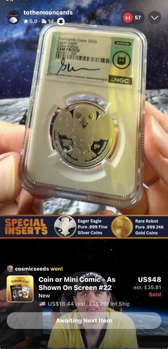 A Whatnot livestream by tothemooncards featuring a graded 2026 Eager Eagle 1oz .999 Silver coin with a special mint eagle insert.