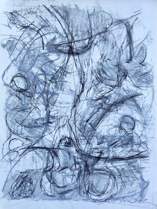 An abstract pencil or charcoal sketch with chaotic overlapping scribbles and shaded forms on white paper.