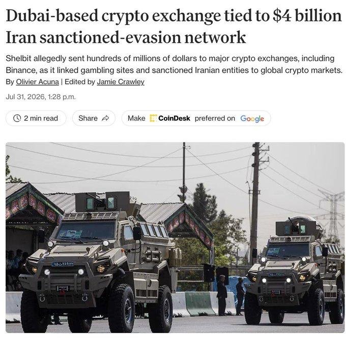 CoinDesk news article headline reading 'Dubai-based crypto exchange tied to $4 billion Iran sanctioned-evasion network,' with a photo of two military armored vehicles.