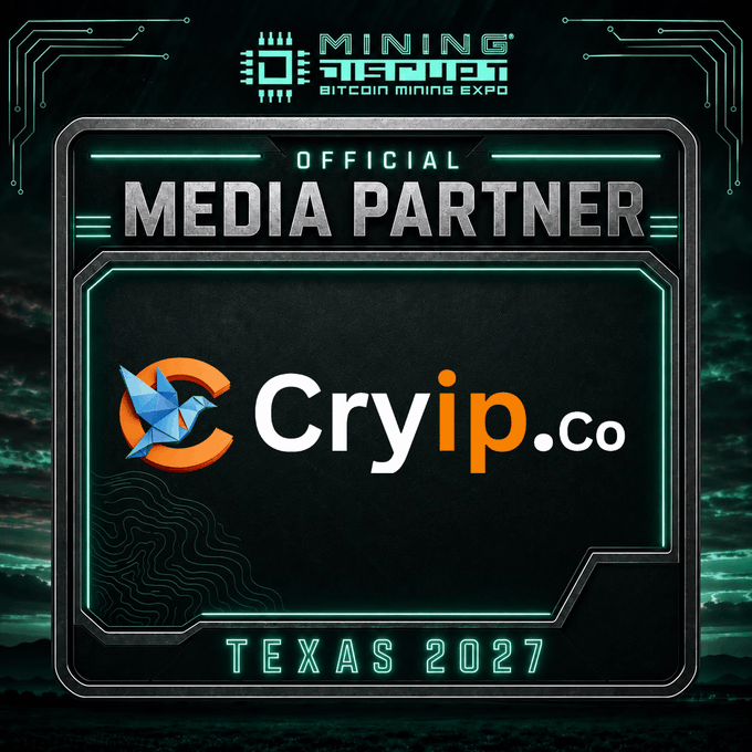 A digital banner with a dark green circuit-board design declares Cryip.Co as an Official Media Partner for the Mining Disrupt Bitcoin Mining Expo in Texas 2027, featuring a blue origami bird logo.