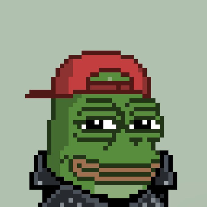 A pixel art character depicts a sad-looking green frog-like creature wearing a red backwards baseball cap and a dark jacket against a light green background.