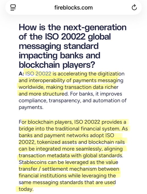 A screenshot from fireblocks.com about how 'the next-generation of the ISO 20022 global messaging standard is impacting banks and blockchain players,' with key text highlighted in yellow.