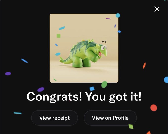 A celebratory screen displays "Congrats! You got it!" alongside a green claymation-style T-Rex character, with options to "View receipt" or "View on Profile" against a confetti-filled background. The image relates to the post by confirming a successful purchase of a Claynosaurz NFT collectible.