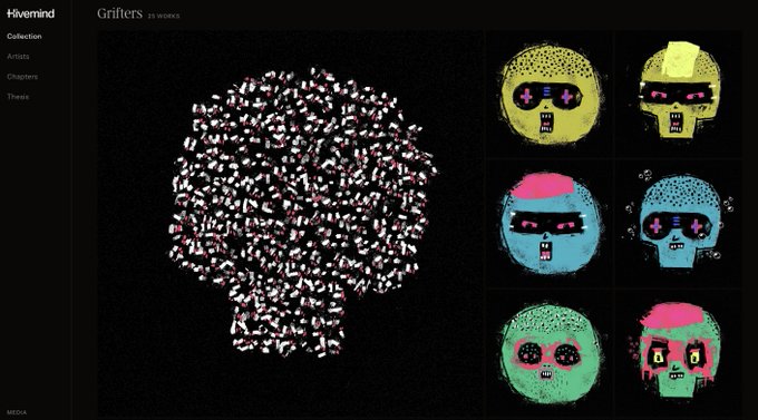 A screenshot from "Hivemind" displays an NFT art collection titled "Grifters" containing 16 works, featuring a large glitchy skull made of fragmented pixelated shapes on the left and a grid of six colorful pixel-art skulls (in yellow, teal, and green with pink accents) on the right, exemplifying the ETH-based JPEG art referenced in the post.