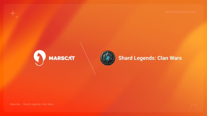 A partnership announcement graphic featuring an orange gradient background with the MarsCat logo alongside the "Shard Legends: Clan Wars" game logo, promoting a new collaboration between the two projects as mentioned in the post.
