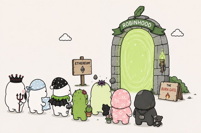 A whimsical illustration shows a lineup of cute characters including kings, ghosts, and cacti standing before a glowing green portal labeled 'ROBINHOOD' with signs reading 'ETHEREUM' and 'THE BURN GATE'.
