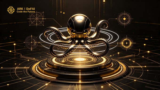 A stylized golden and black octopus with a metallic, robotic appearance is displayed on an illuminated circular platform, surrounded by glowing geometric lines and tech-inspired patterns. The text "ARK | DeFAI Code the Future" appears in the top left, and the octopus symbolizes the AI agent capabilities of the Arkie AI App—a versatile "command center" that empowers users to create, automate, and explore endless possibilities.