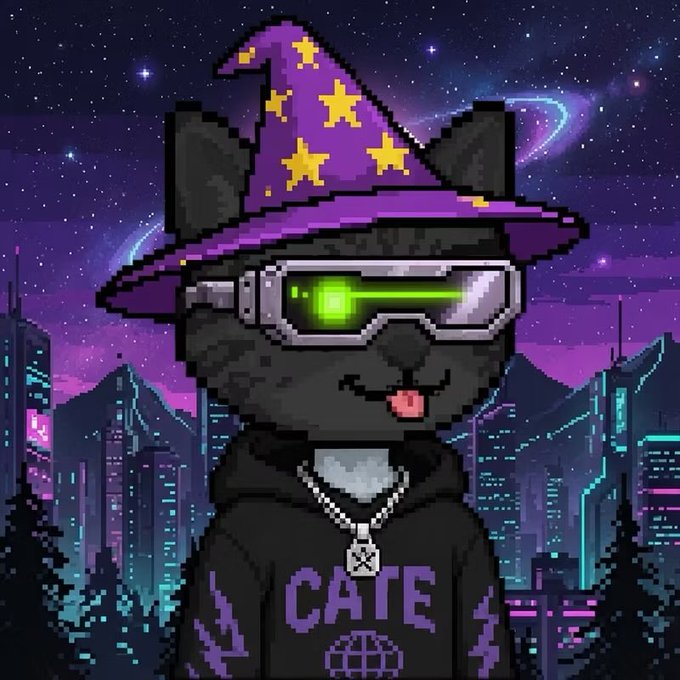A pixel art image features a black cat wearing a purple wizard hat with yellow stars, glowing green futuristic glasses, and a black hoodie with 'CATE' written on it, set against a starry cityscape background.