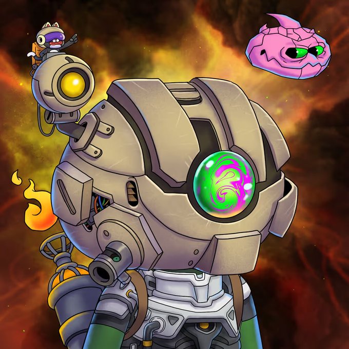 An illustration of a robotic character with a glowing green/purple eye and a small cat-like figure on its shoulder, set against a fiery background with a floating pink creature.