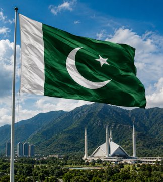 The Pakistani flag waves prominently against a mountain backdrop, with the Faisal Mosque visible below, symbolizing the nation's openness to welcoming licensed cryptocurrency and Bitcoin businesses under a newly established comprehensive legal framework.