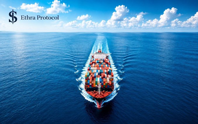 A large cargo ship loaded with multicolored shipping containers sailing across a blue ocean, with the "Ethra Protocol" logo and text displayed in the upper left corner.