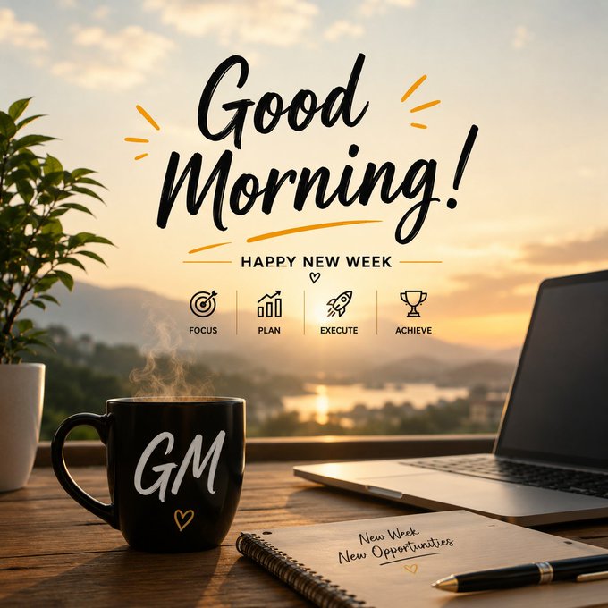 The image features a laptop, a cup of coffee, and a notebook with the phrase "Good Morning!" written above them. The background shows a beautiful sunset over mountains. The caption for the image reads "Good Morning! #GM Can I Get A GM? New Week. New Mindset. New Opportunities. Leave the excuses behind and focus on your goals." This post is related to the topic of "Good Morning!", as it encourages users to start their day with a positive mindset, set new goals, and embrace opportunities for personal growth or learning.