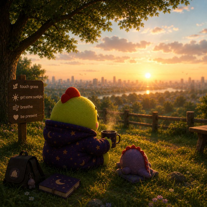 The image features two stuffed animals sitting together on grass near a tree at sunset. One of them has a cup of coffee while the other one appears to be holding a book, possibly reading or enjoying some leisure time. The scene suggests that they are taking a break from their daily routines and spending quality time with each other in a peaceful outdoor setting.