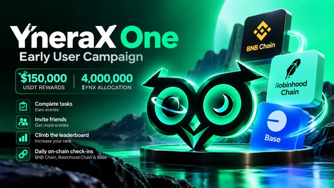 Promotional graphic for YneraX One Early User Campaign offering $150,000 USDT rewards and 4,000,000 $YNX allocation, featuring BNB Chain, Robinhood Chain, and Base logos.