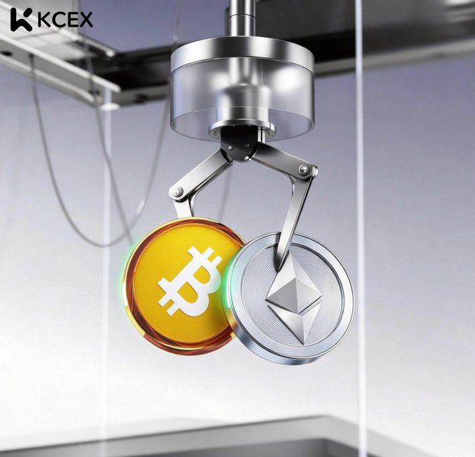 A 3D illustration by KCEX shows a robotic claw grasping physical representations of Bitcoin (gold coin with ₿ symbol) and Ethereum (silver coin with Ξ symbol) in an industrial setting.