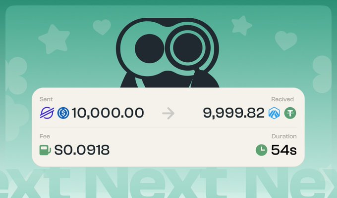 A cryptocurrency transaction confirmation screen showing a swap of 10,000.00 sent for 9,999.82 received, with a fee of $0.0918 and a duration of 54s, displayed below a teal alien-like mascot.