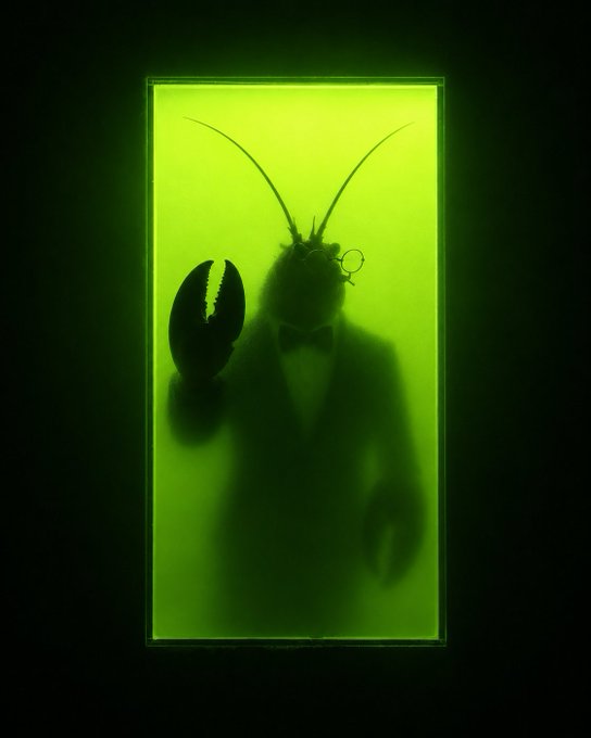 A silhouetted lobster-headed figure in a tuxedo stands behind a glowing green door, holding up a large claw as if to knock. The eerie, surreal imagery plays on the phrase "the future is knocking" by personifying the unknown future as a strange, formal visitor waiting to be let in.