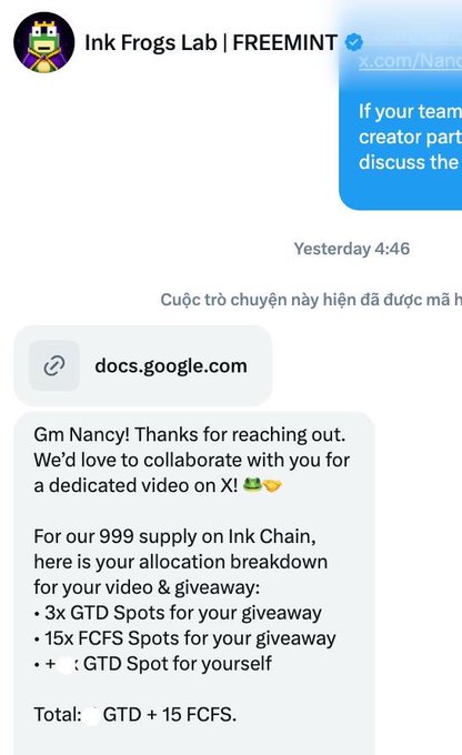 Screenshot of a message from verified “Ink Frogs Lab | FREEMINT” offering Nancy a collaboration and listing 999 supply allocations: 3 GTD spots, 15 FCFS spots, and one extra GTD spot.