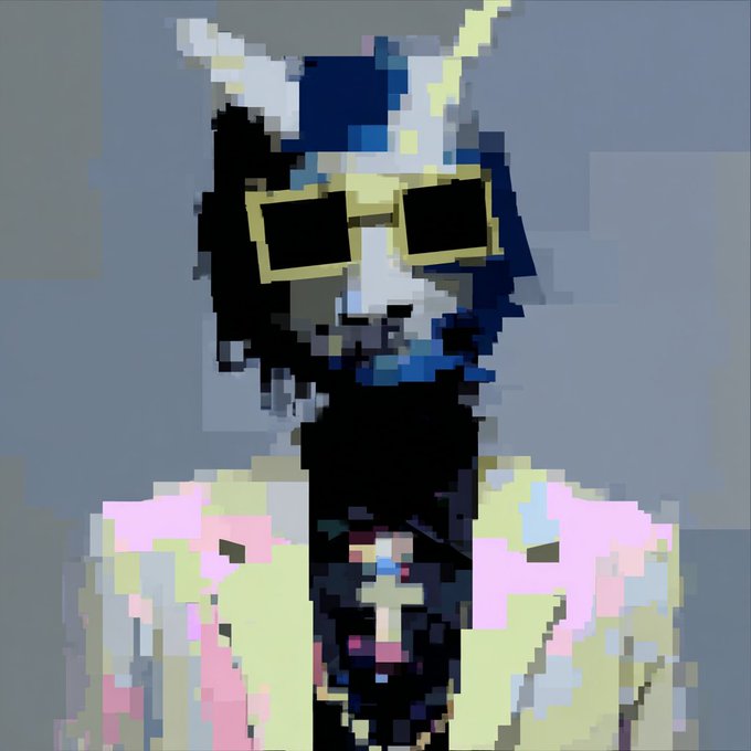 A heavily pixelated, abstract digital artwork shows a dark, horned figure wearing square sunglasses and a light-colored suit jacket over a dark shirt.