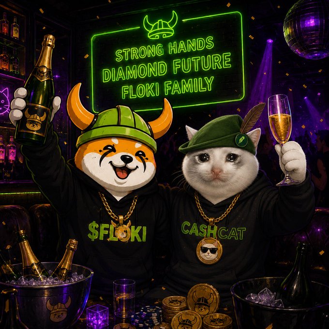 A vibrant nightclub-style scene features an anthropomorphic Shiba Inu wearing a "$FLOKI" hoodie and Viking horn helmet alongside a cat in a "CASHCAT" hoodie and feathered cap, both raising champagne glasses beneath a neon sign reading "STRONG HANDS DIAMOND FUTURE FLOKI FAMILY." The image embodies the post's celebratory "GM" greeting, with gold coins, poker chips, and ice buckets of champagne reinforcing the bullish, party-themed crypto community message.